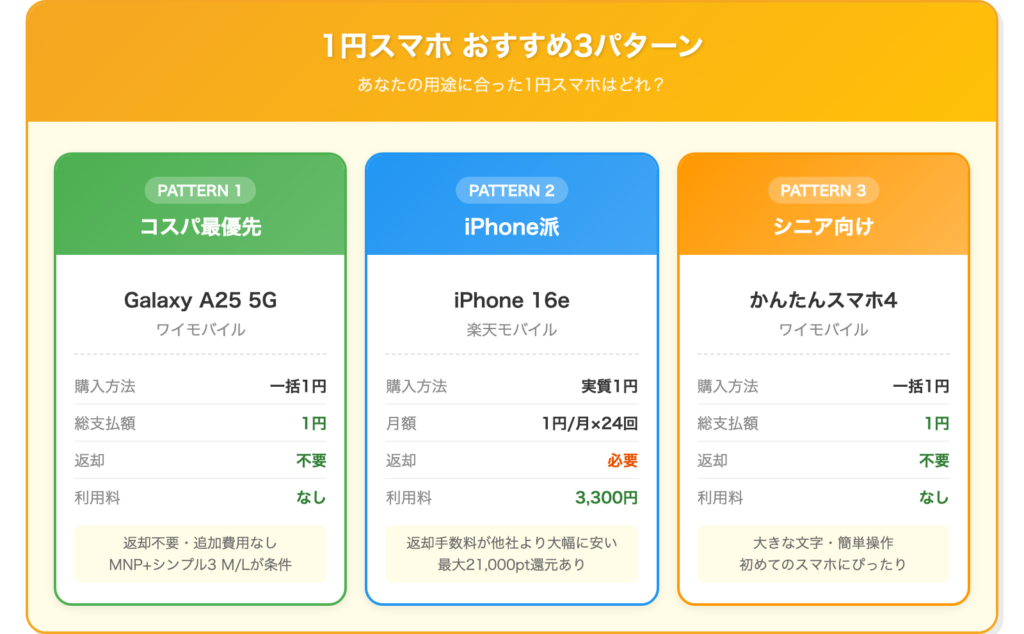 1円スマホのおすすめ3パターン。コスパ最優先はGalaxy A25 5G、iPhone派はiPhone 16e、シニア向けはかんたんスマホ4