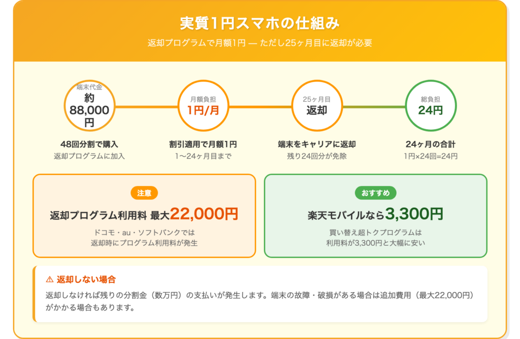 実質1円スマホの仕組み図解。48回分割で月額1円×24回、25ヶ月目に返却すると残額免除されるフロー