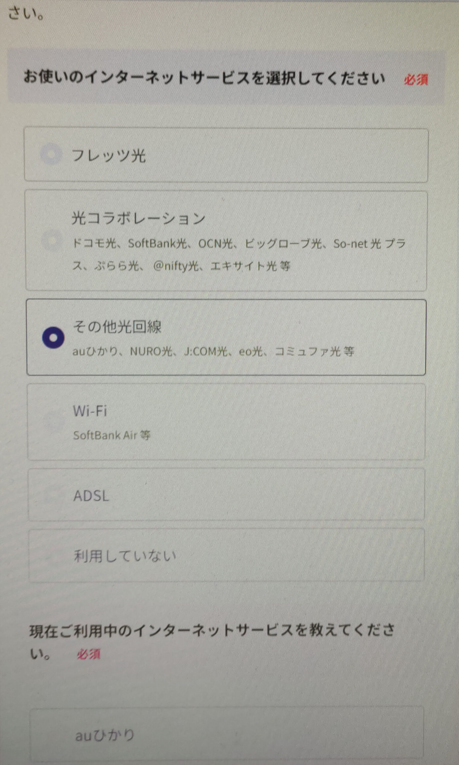 インターネット回線の利用状況の入力画面