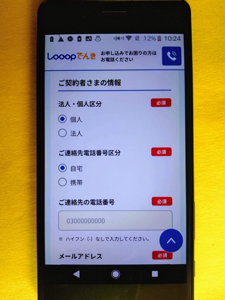 Looopでんき 申し込み契約者情報入力1-2