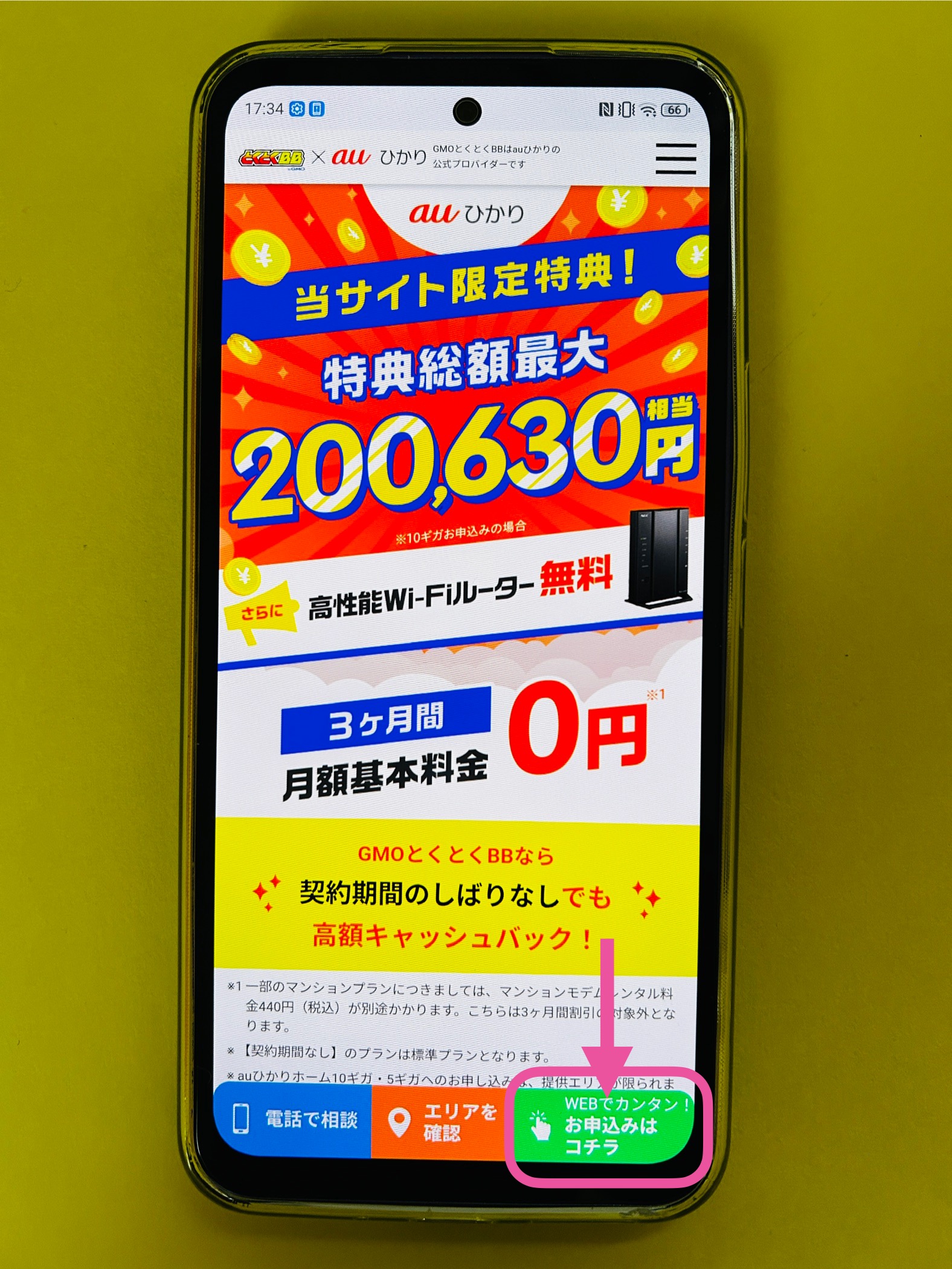 auひかりGMO経由の申し込み画面