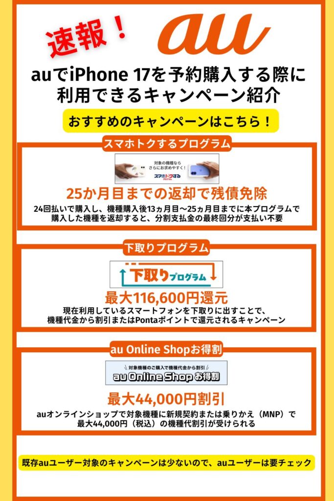 auでiPhone 17を予約購入する際に利用できるキャンペーン紹介