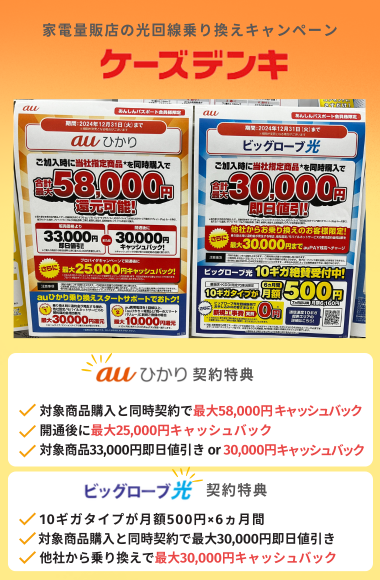 光回線の乗り換えキャッシュバックキャンペーン:ケーズデンキ