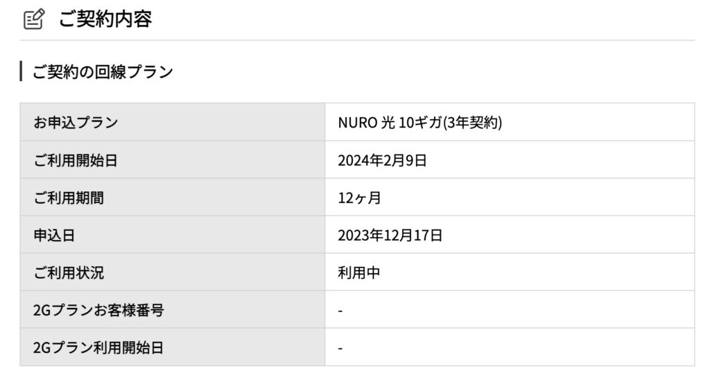 実際の契約内容のキャプチャ