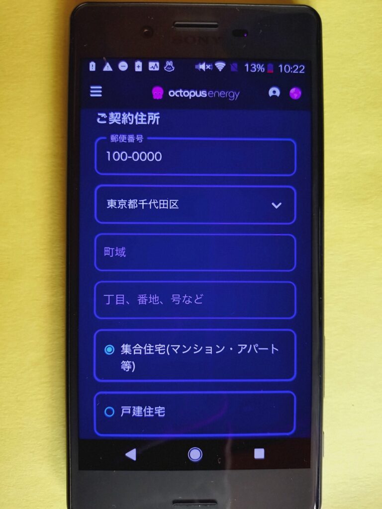 オクトパスエナジー 申し込み画面
