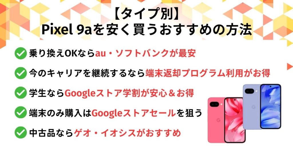 Pixel9a 安く買う タイプ別安く買う方法