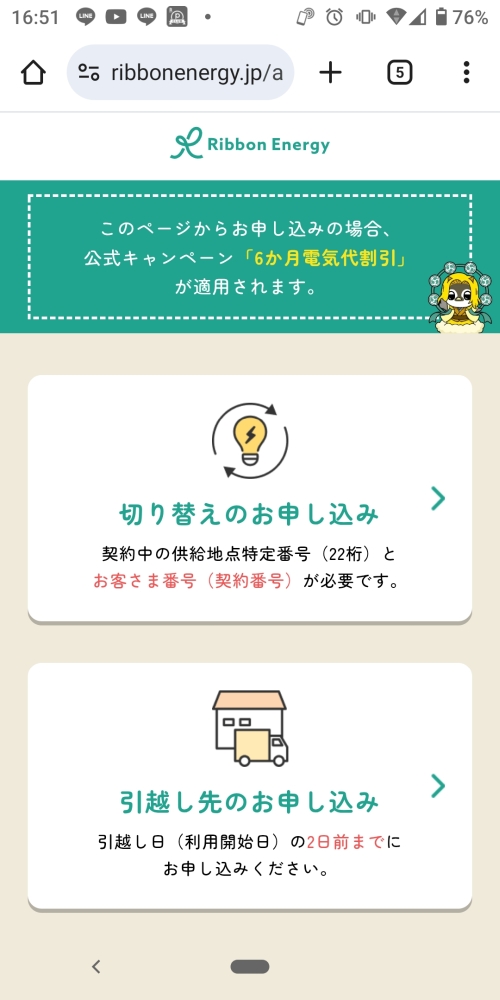リボンエナジー 申し込み 選択画面