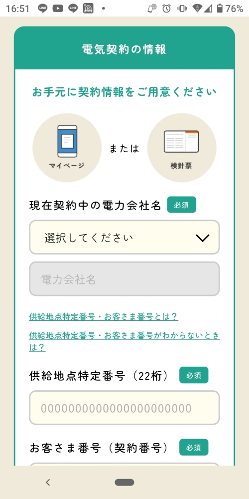 リボンエナジー 電気契約の情報入力画面
