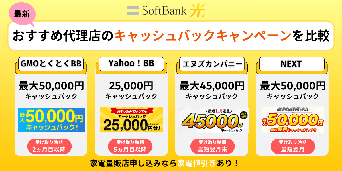 ソフトバンク光の代理店別キャッシュバックキャンペーン