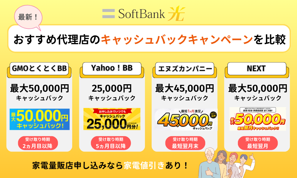 ソフトバンク光の代理店別キャッシュバックキャンペーン