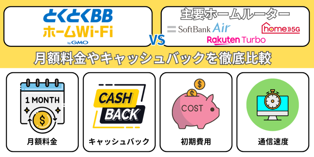 とくとくBBホームWiFiと主要ホームルーターの料金プランやキャッシュバックを徹底比較