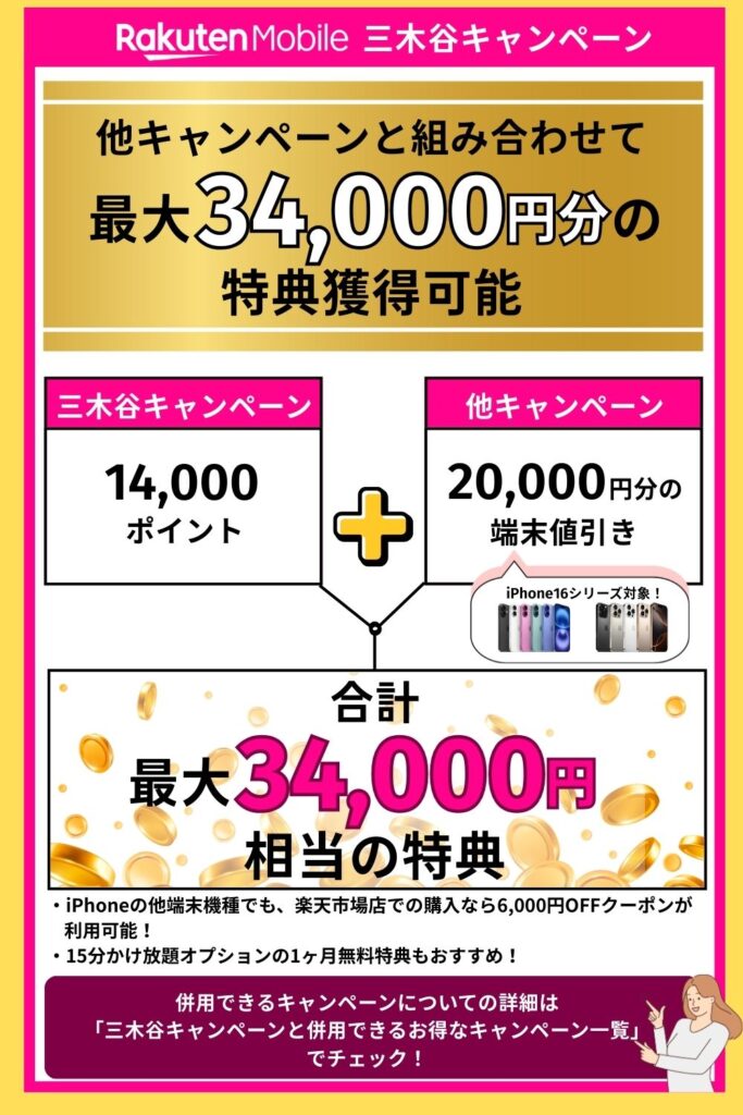 他キャンペーンと組み合わせて最大34,000円分の特典獲得可能
