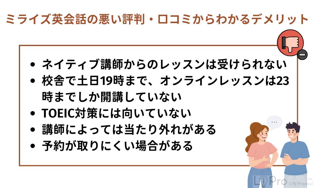 ミライズ英会話の悪い評判・口コミからわかるデメリット