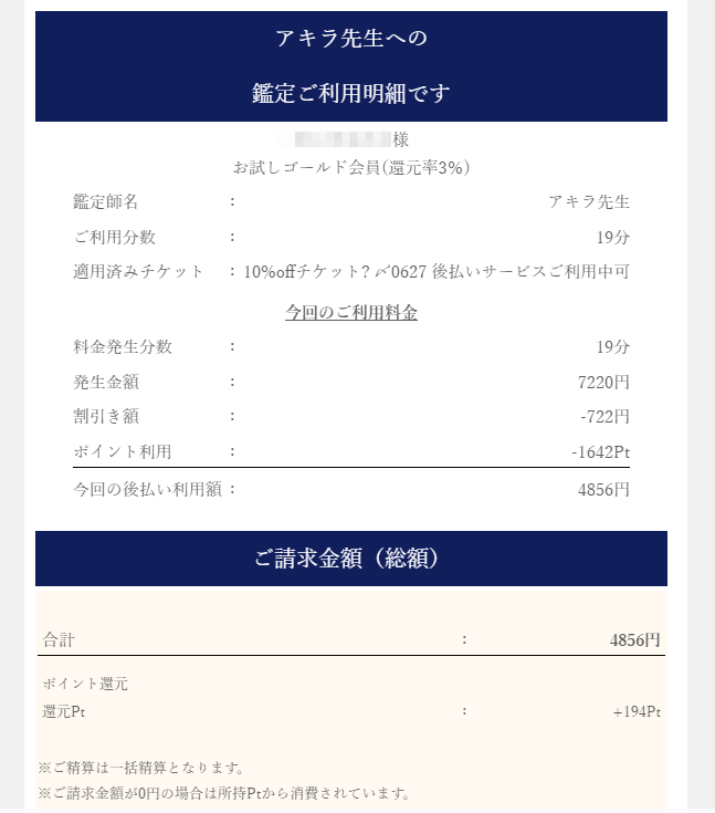 アキラ先生の鑑定料金:利用額4,856円