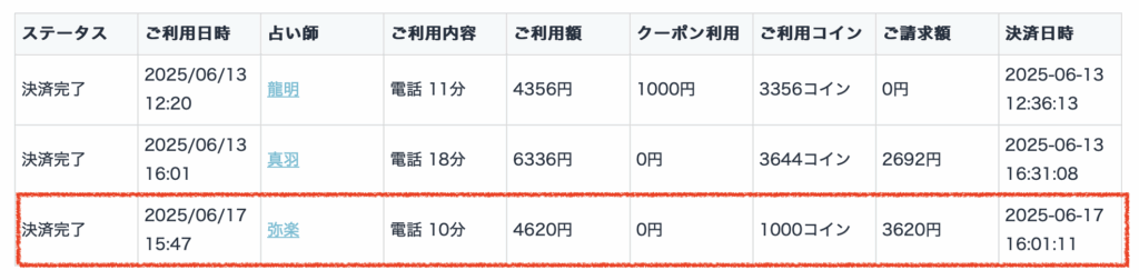 エキサイト電話占いで弥楽(ミラク)先生の鑑定を受けた後に届いた料金の明細書