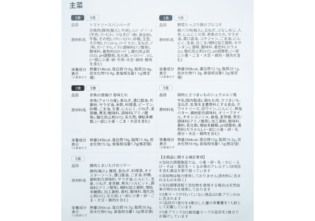 つくりおき.jpの栄養成分表示