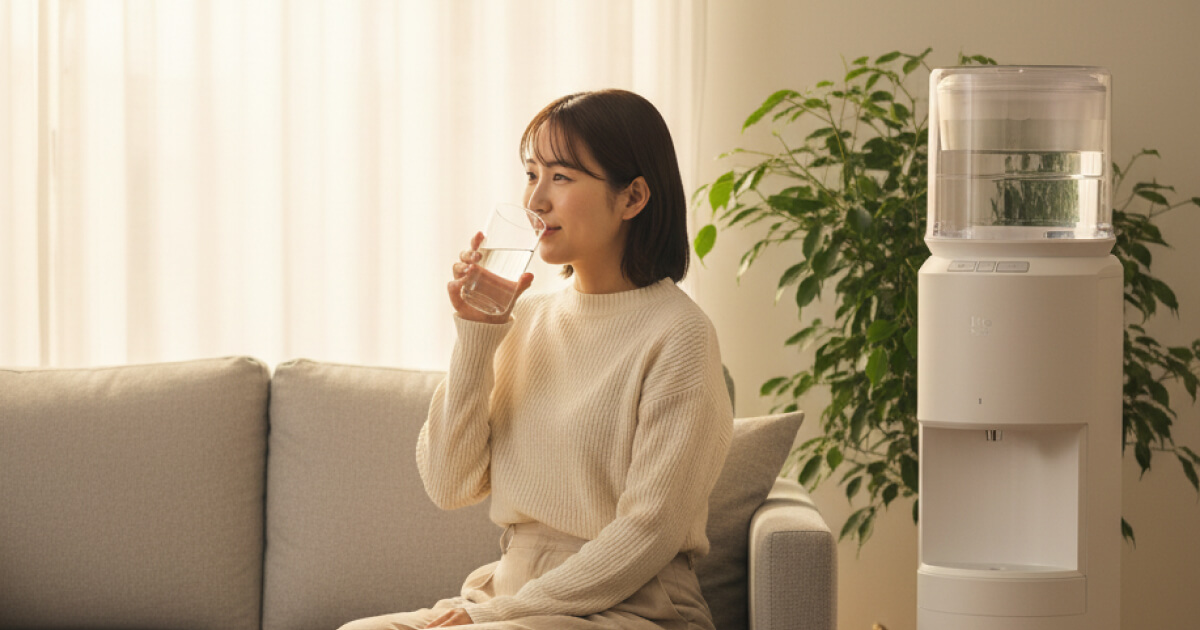 ウォーターサーバーの水を飲んでいる様子