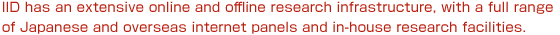 IID has an extensive online and offline research infrastructure, with a full range of Japanese and overseas internet panels and in-house research facilities.