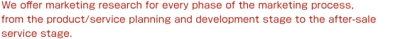We offer marketing research for every phase of the marketing process, from the product/service planning and development stage to the after-sale service stage.