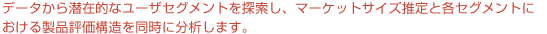 潜在クラス分析では、データから潜在的なユーザセグメントを探索し、マーケットサイズ推定と各セグメントにおける製品評価構造を同時に分析します。

