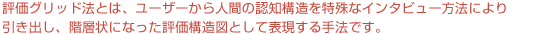 評価グリッド法とは、人間の認知構造を特殊なインタビュー方法により引き出し、階層状に表現された評価構造図として表現する手法です。