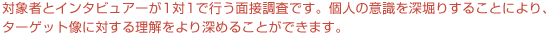 個別インタビューとは、対象者とインタビュアーが1対1で行う面接調査です。個人の意識を深堀りすることにより、ターゲット像に対する理解をより深めることができます。